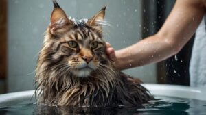maine coon taking a bath